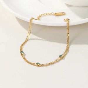 18K Gold Plated Stainless Steel Double Layer Chain Bracelet withCrystal Inlay